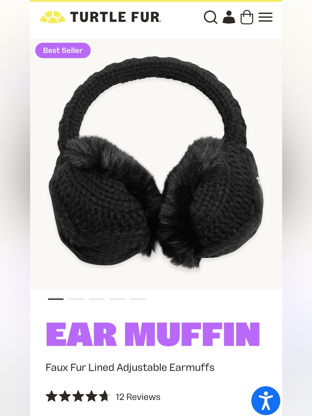 *NEW WITH TAGS* Turtle Fur Ear Muffin - Faux Fur Lined Adjustable Earmuffs (Blk)